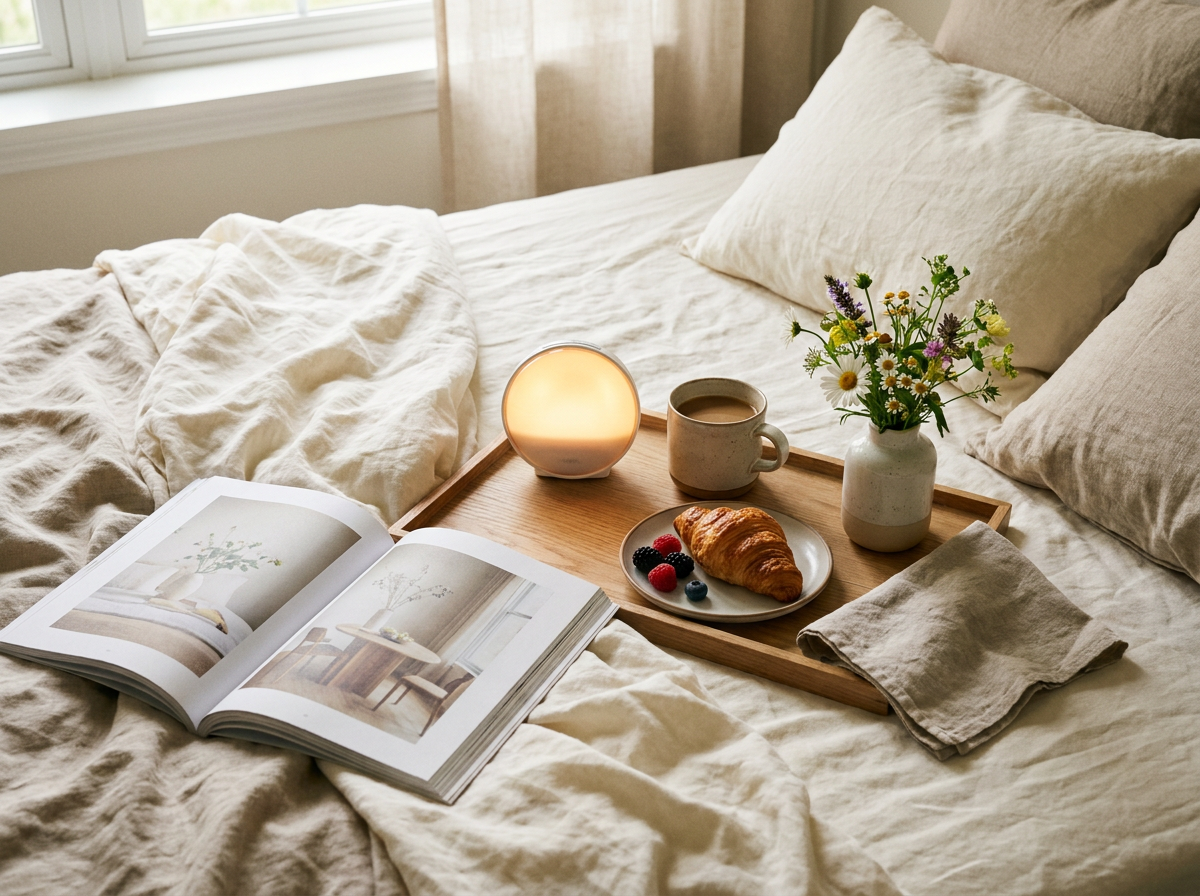 Breakfast in bed with a small sunrise alarm clock glowing nearby