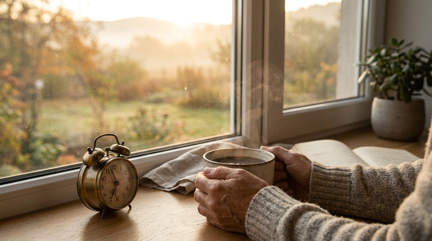 Coffee and small alarm clock at sunrise